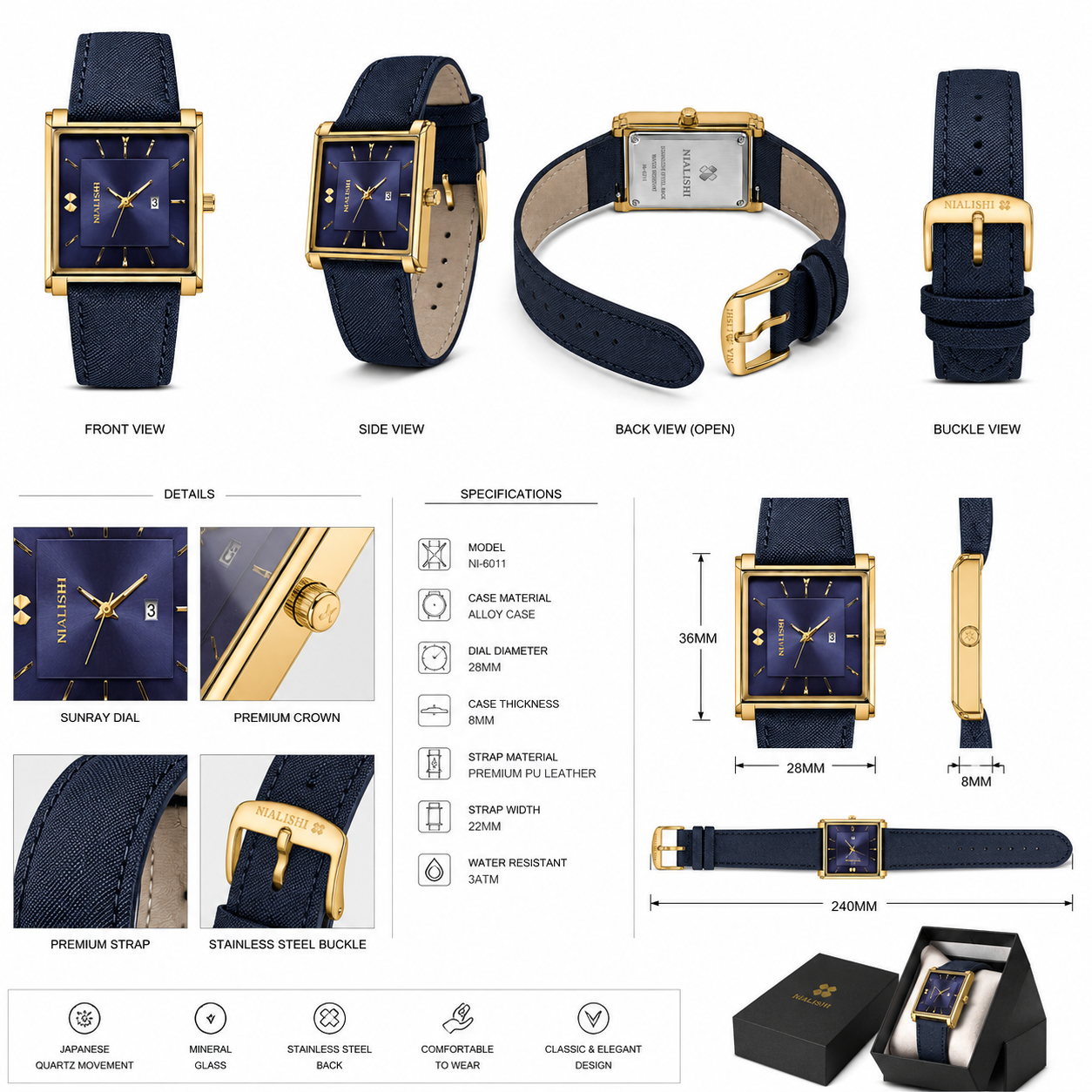 NIALISHI Men's Square Watch – Navy Blue Leather Strap, Gold Case (NI-6011)