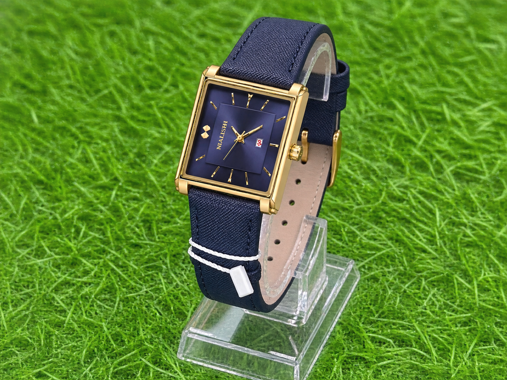 NIALISHI Men's Square Watch – Navy Blue Leather Strap, Gold Case (NI-6011)