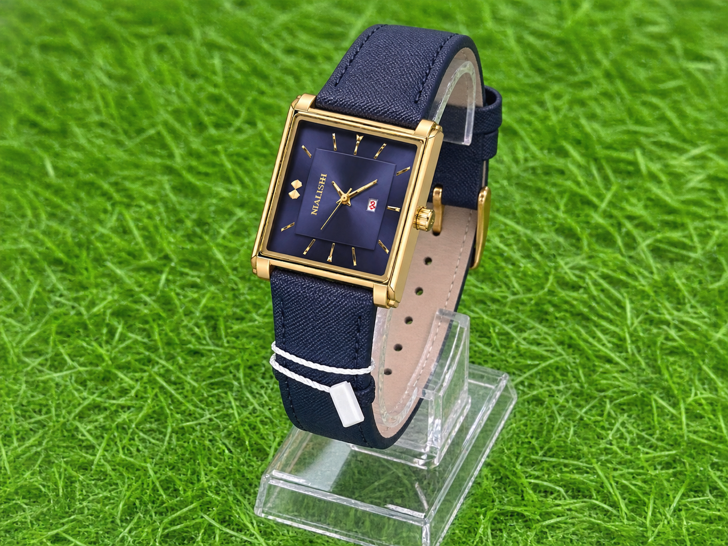 NIALISHI Men's Square Watch – Navy Blue Leather Strap, Gold Case (NI-6011)
