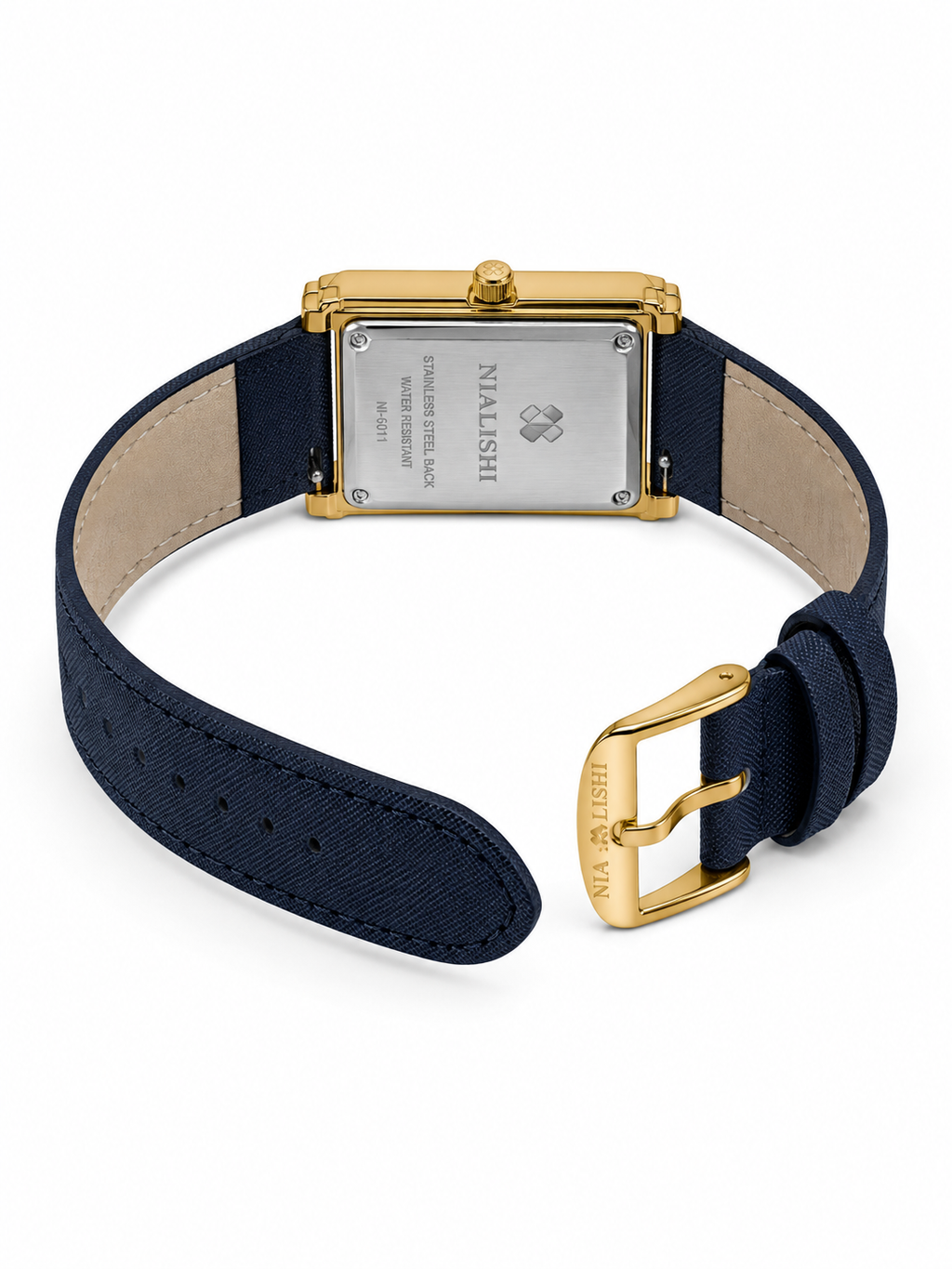 NIALISHI Men's Square Watch – Navy Blue Leather Strap, Gold Case (NI-6011)