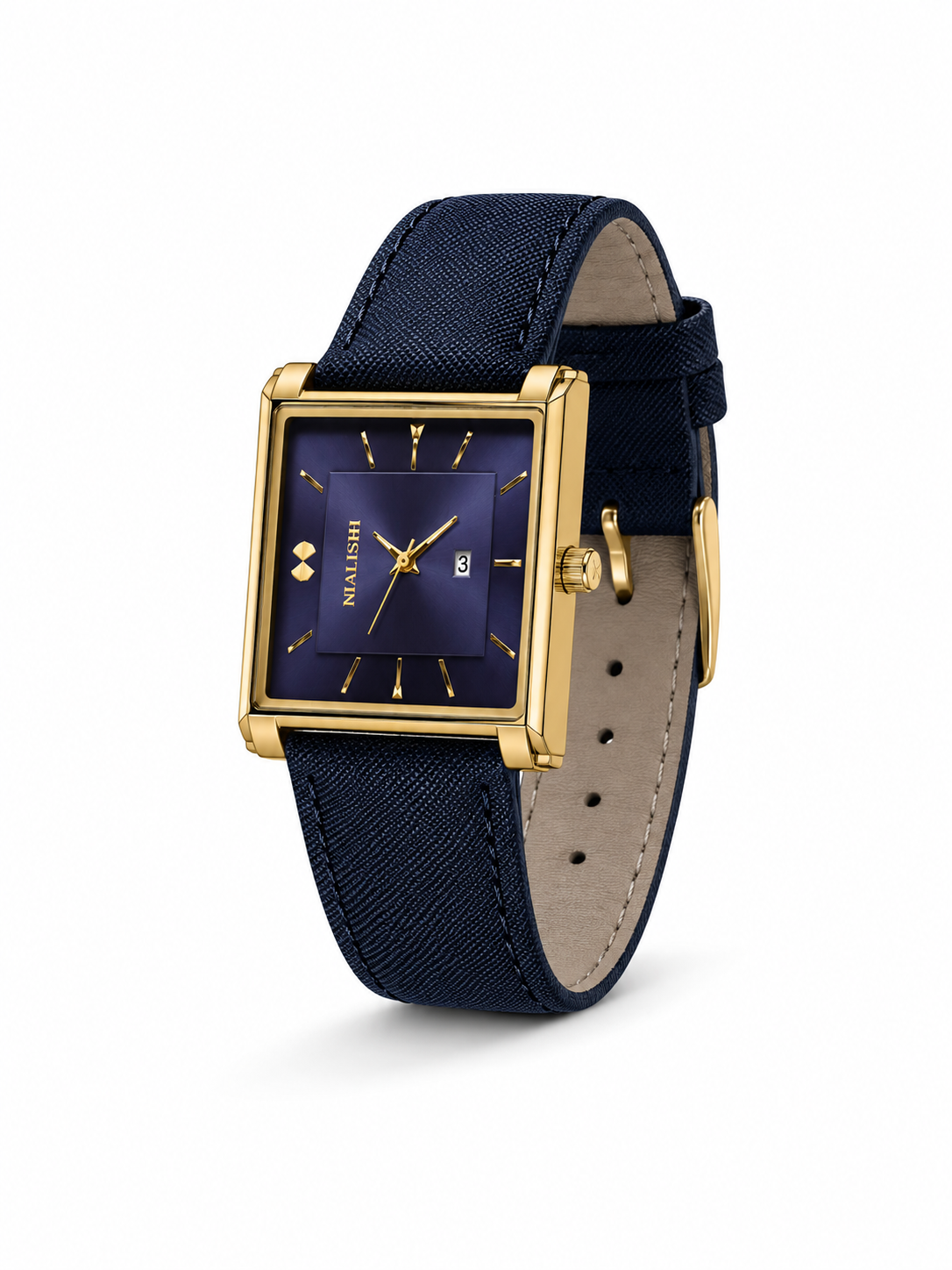 NIALISHI Men's Square Watch – Navy Blue Leather Strap, Gold Case (NI-6011)