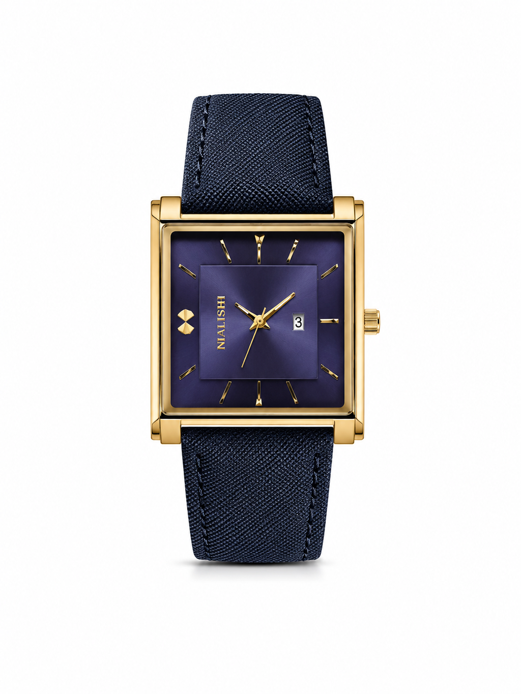 NIALISHI Men's Square Watch – Navy Blue Leather Strap, Gold Case (NI-6011)